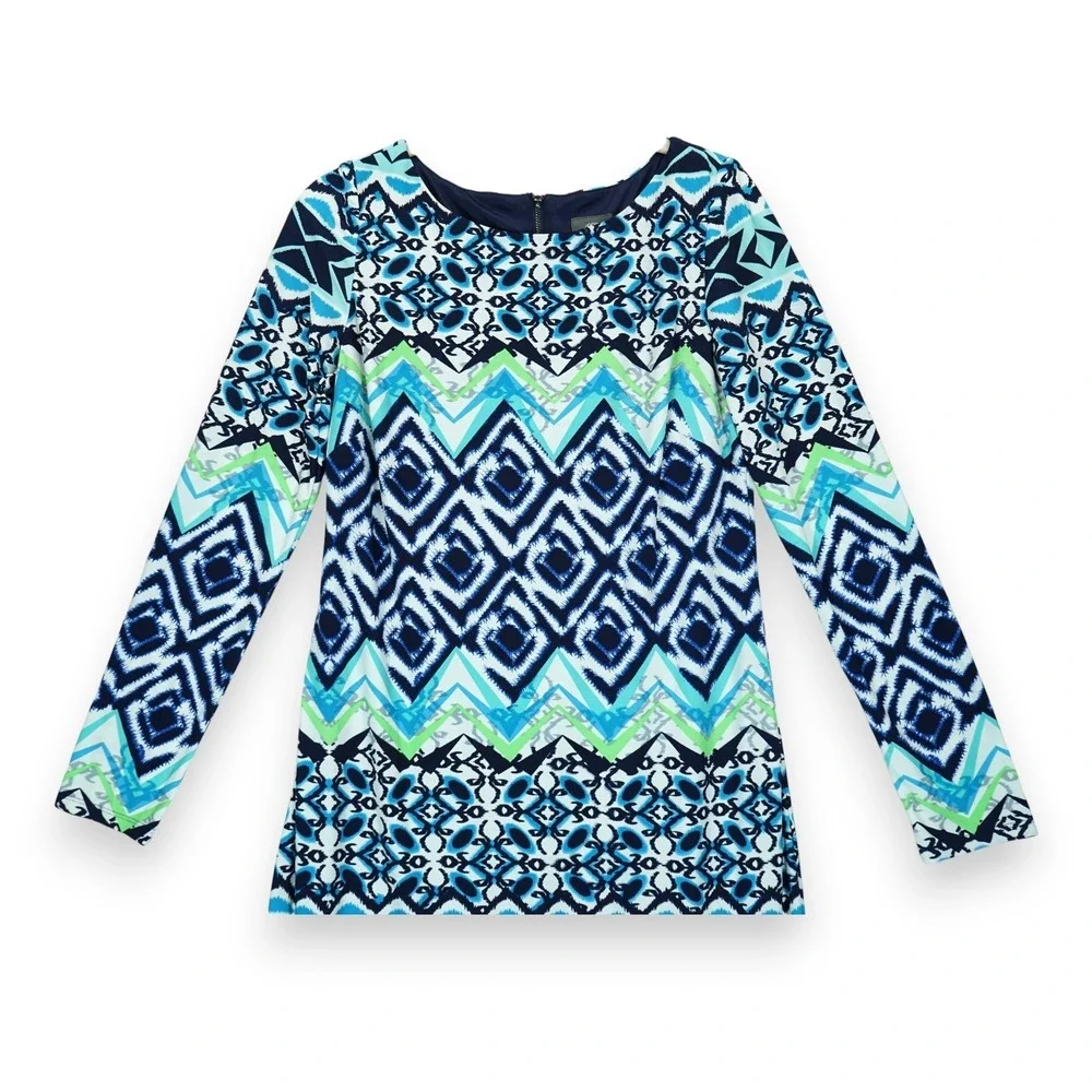 Vince Camuto Shift Dress Geometric‎ Pattern Long Sleeve Zip Up Size 6 MSRP $128